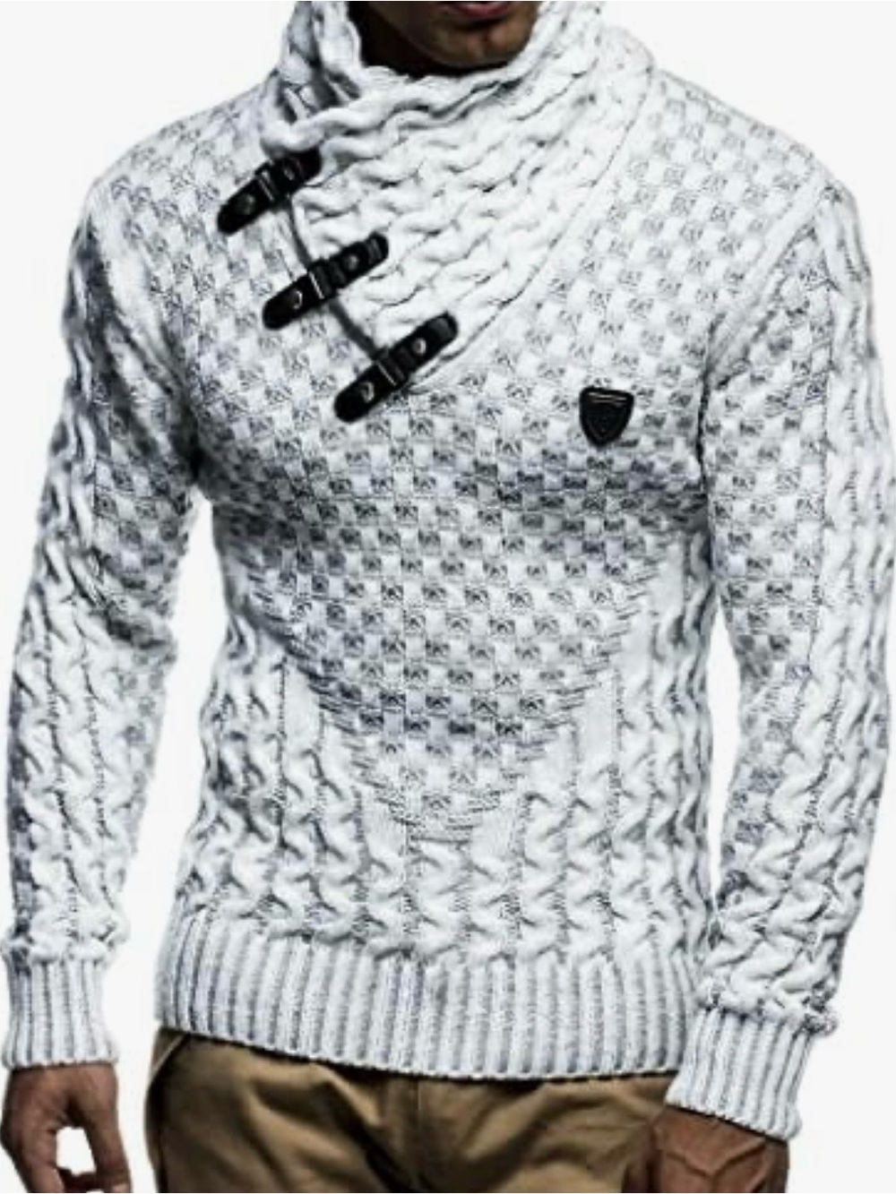 Leif Nelson White/Gray Nordic Cable-Knit Shawl-collar Sweater w/Toggle Detail
